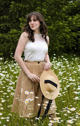 a lady in a Khaki half skirt